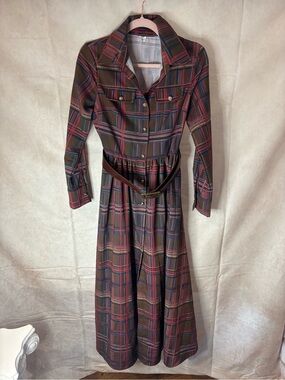 Plaid Long-Sleeve Shirt Dress with Belt - Brown Plaid